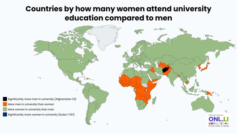 Countries by how many women attend university education compared to men